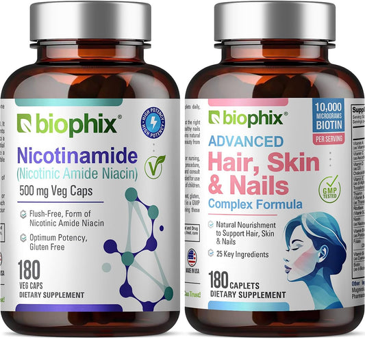 Hair, Skin, and Nails Support Kit with B-3 Nicotinamide 500mg, Biotin 10000mcg - Skin Cell Health Formula - 180 Vcaps & Caplets