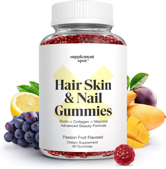 Hair Skin and Nails Vitamins Gummies - 6000 mcg Biotin with Collagen, Passion Fruit Flavor - Gluten Free Supplements (60 Count)
