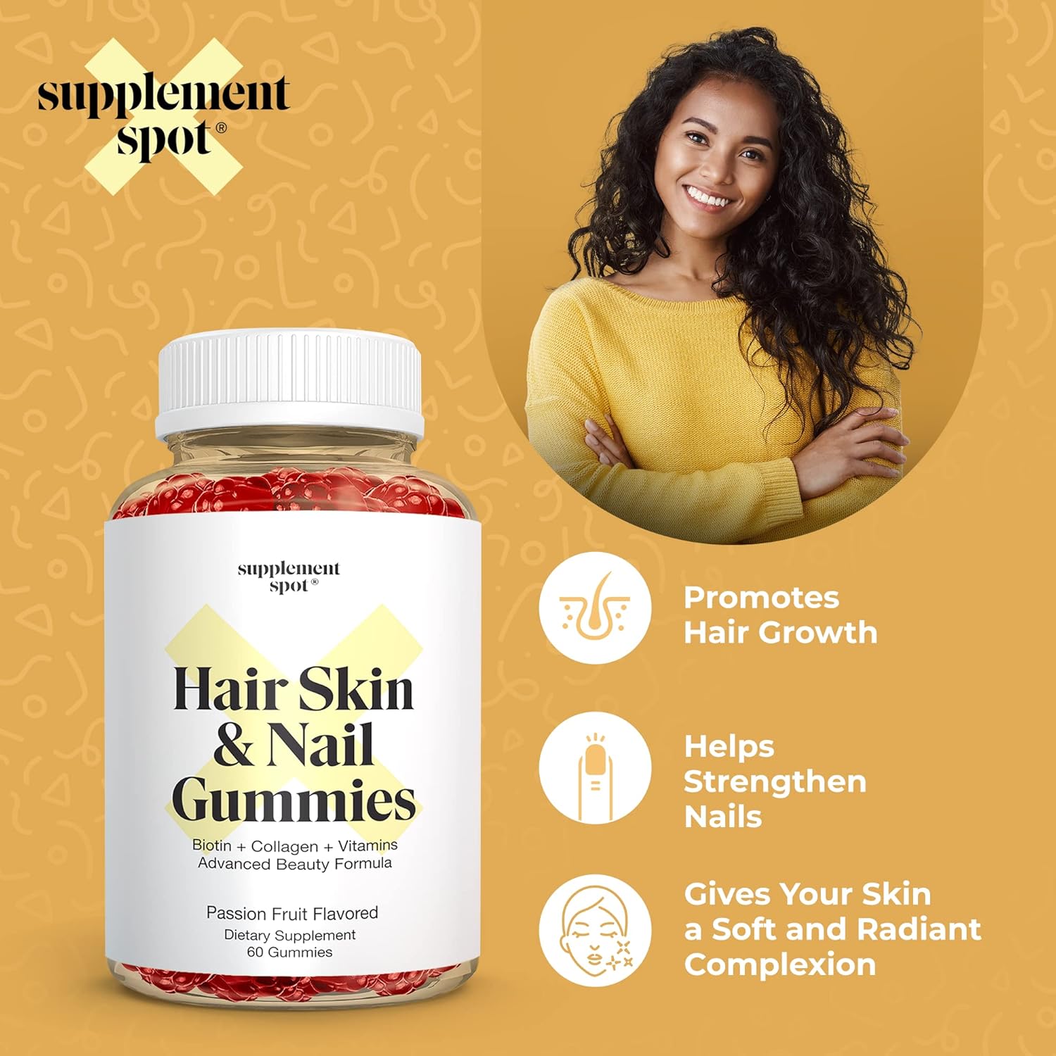 Hair Skin and Nails Vitamins Gummies - 6000 mcg Biotin with Collagen, Passion Fruit Flavor - Gluten Free Supplements (60 Count)