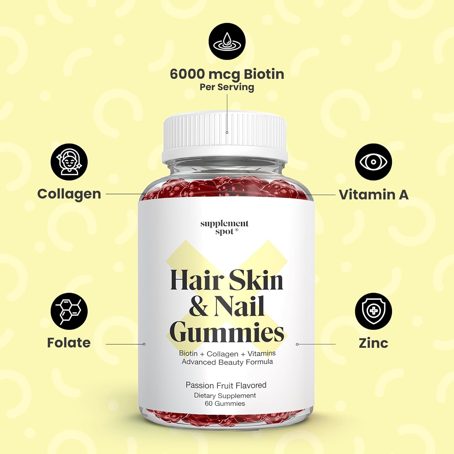 Hair Skin and Nails Vitamins Gummies - 6000 mcg Biotin with Collagen, Passion Fruit Flavor - Gluten Free Supplements (60 Count)