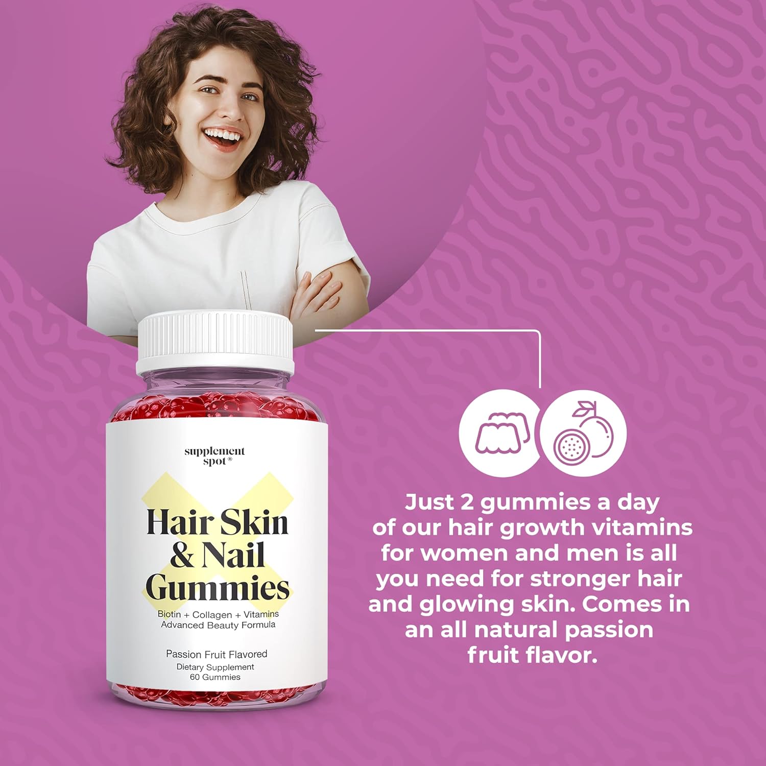 Hair Skin and Nails Vitamins Gummies - 6000 mcg Biotin with Collagen, Passion Fruit Flavor - Gluten Free Supplements (60 Count)