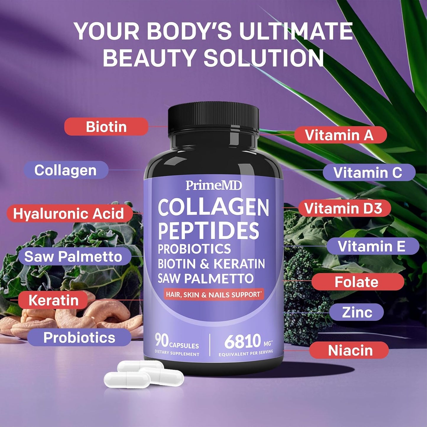 Hair, Skin, and Nails Vitamins with Biotin, Collagen, Probiotics, Saw Palmetto - 27-in-1 Formula for Growth and Health - 90ct - Immune Defense Quercetin with Bromelain - 28-in-1 - 120ct