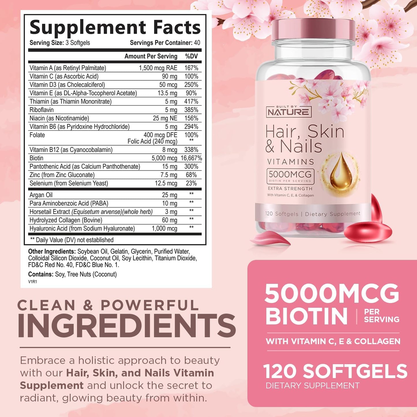 Hair Skin and Nails Vitamins with Biotin, Vitamin C, E, Collagen, Hyaluronic Acid, Argan & Coconut Oil - Women's Supplement for Hair Growth & Radiant Skin - 120 Softgels