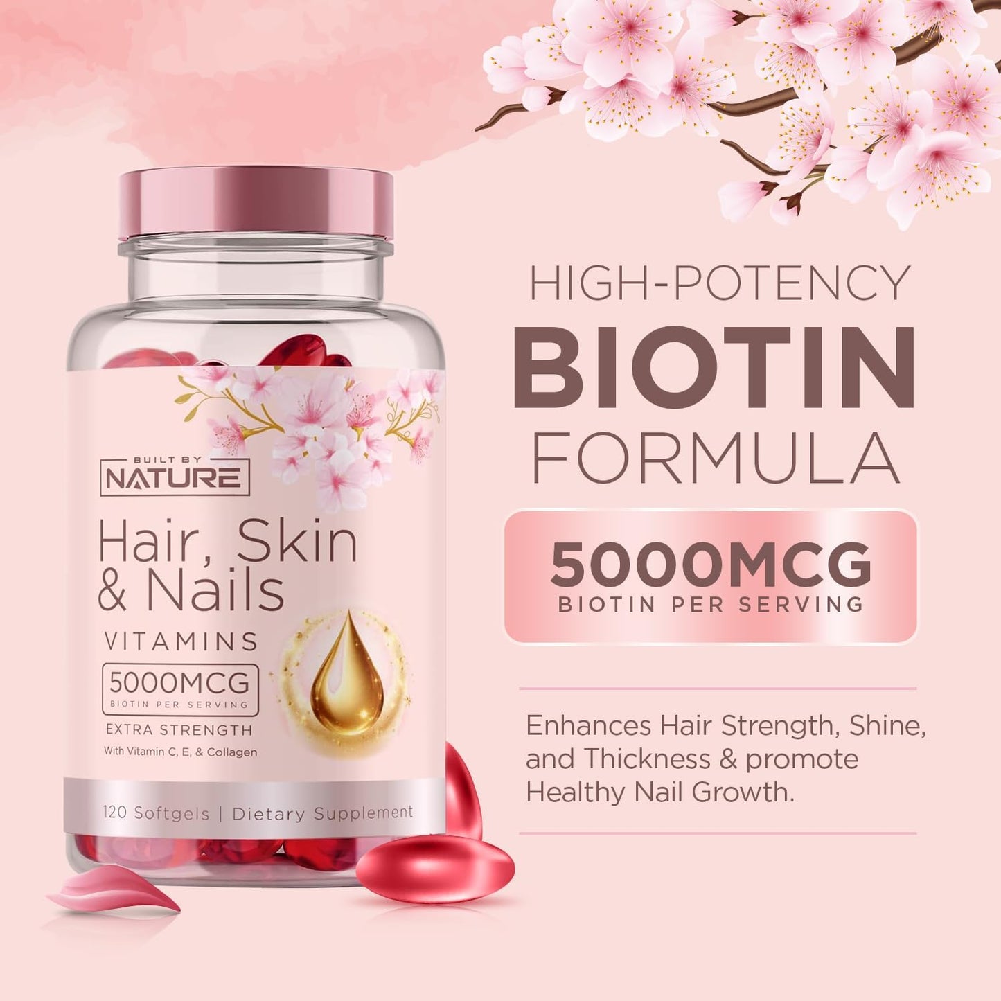 Hair Skin and Nails Vitamins with Biotin, Vitamin C, E, Collagen, Hyaluronic Acid, Argan & Coconut Oil - Women's Supplement for Hair Growth & Radiant Skin - 120 Softgels