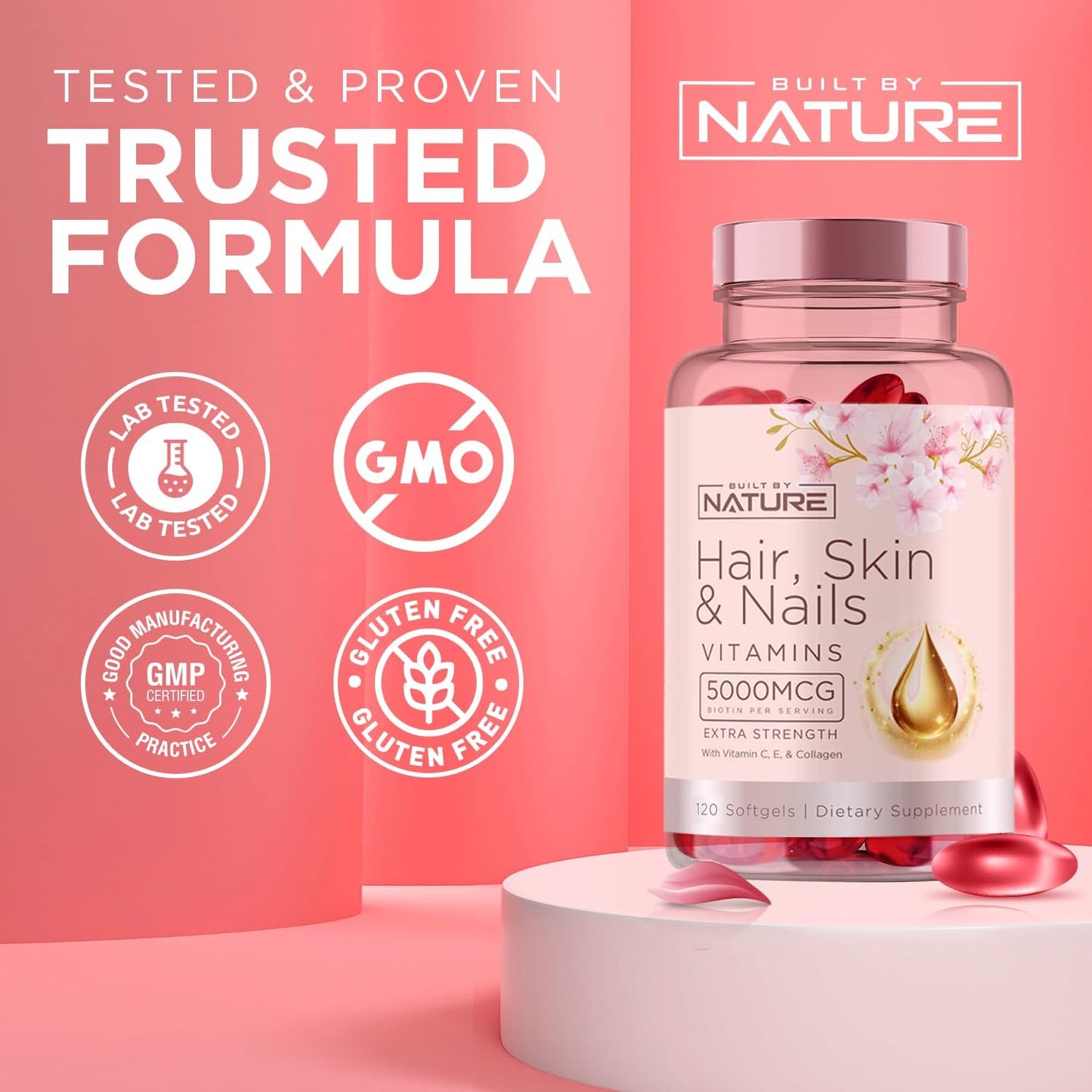 Hair Skin and Nails Vitamins with Biotin, Vitamin C, E, Collagen, Hyaluronic Acid, Argan & Coconut Oil - Women's Supplement for Hair Growth & Radiant Skin - 120 Softgels
