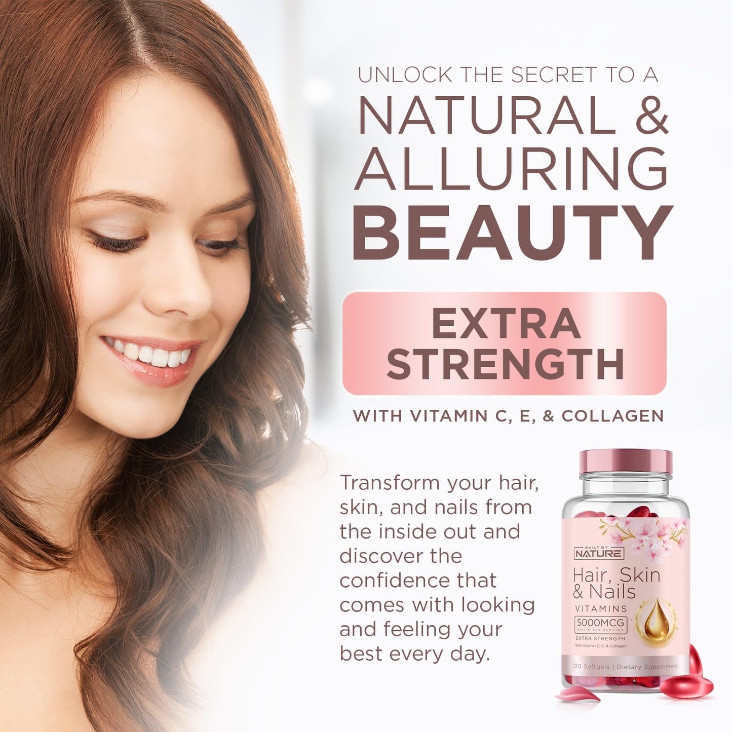 Hair Skin and Nails Vitamins with Biotin, Vitamin C, E, Collagen, Hyaluronic Acid, Argan & Coconut Oil - Women's Supplement for Hair Growth & Radiant Skin - 120 Softgels
