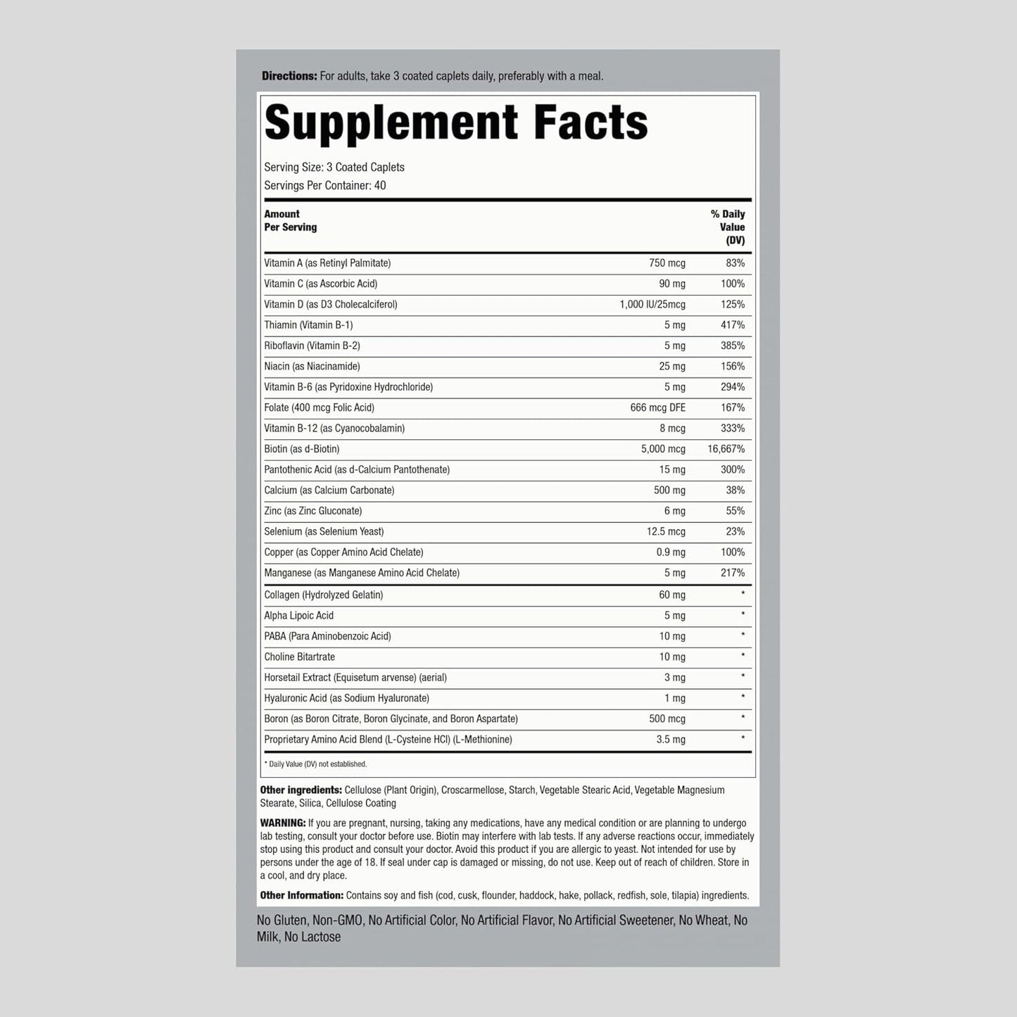 Hair Skin and Nails Vitamins with Collagen - 120 Caplet Pills, 5000 mcg Biotin - Non-GMO, Gluten Free Supplement