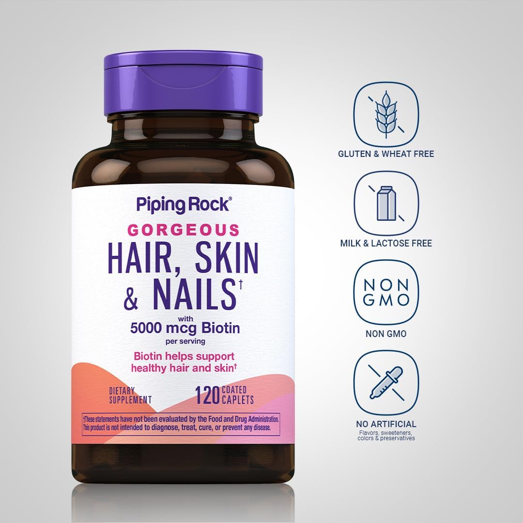 Hair Skin and Nails Vitamins with Collagen - 120 Caplet Pills, 5000 mcg Biotin - Non-GMO, Gluten Free Supplement