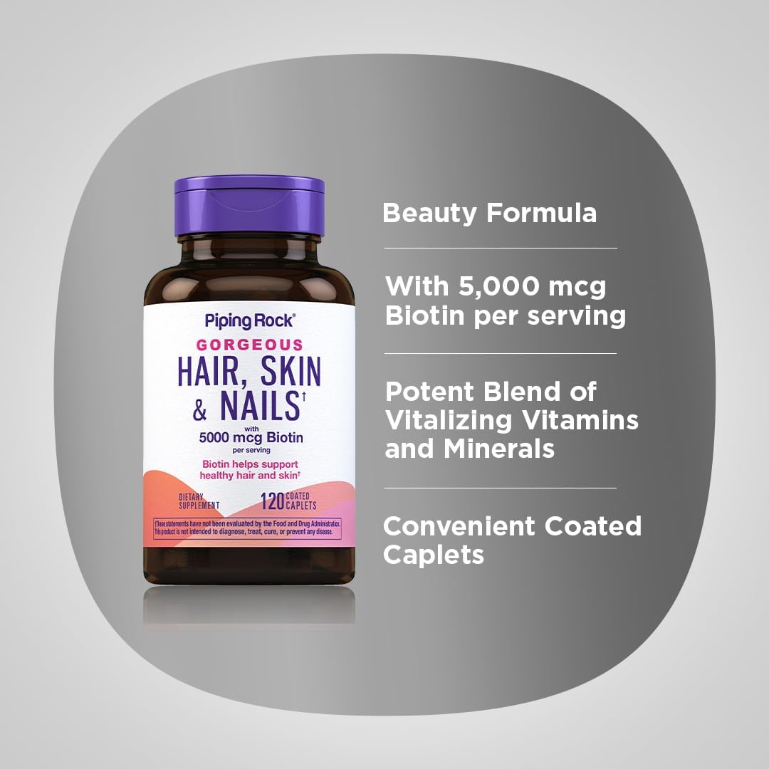 Hair Skin and Nails Vitamins with Collagen - 120 Caplet Pills, 5000 mcg Biotin - Non-GMO, Gluten Free Supplement