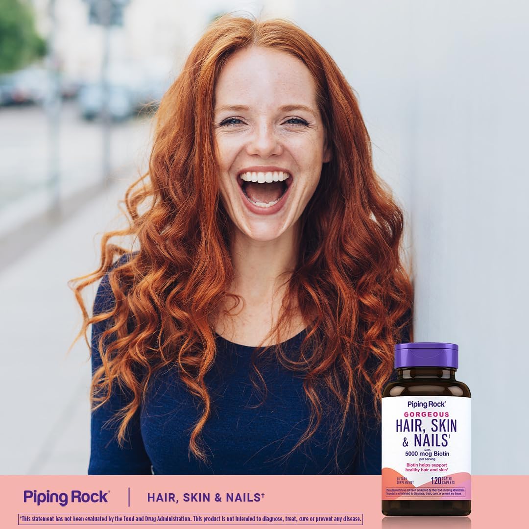 Hair Skin and Nails Vitamins with Collagen - 120 Caplet Pills, 5000 mcg Biotin - Non-GMO, Gluten Free Supplement