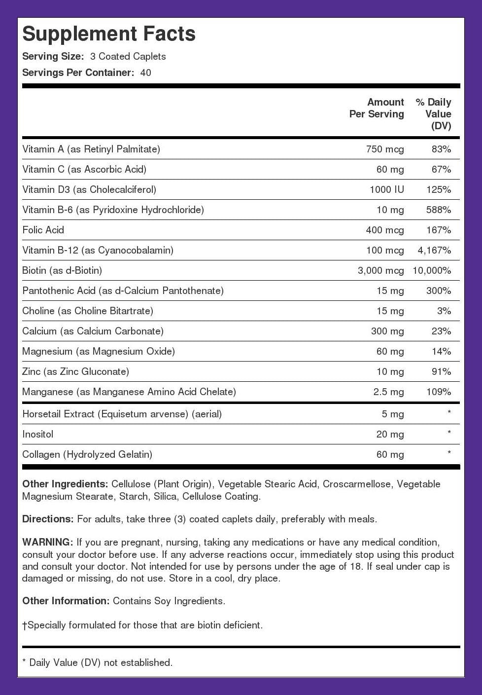 Hair Skin and Nails Vitamins with Collagen - 120 Caplet Pills, 5000 mcg Biotin - Non-GMO, Gluten Free Supplement