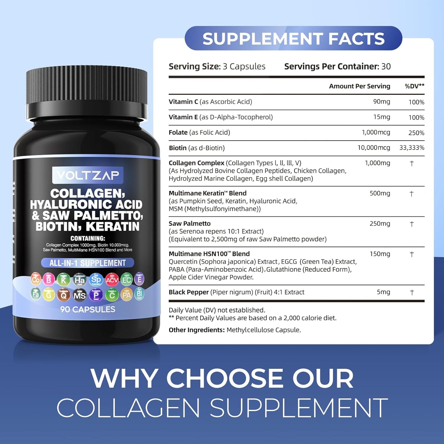 Hair, Skin, and Nails Vitamins with Collagen, Biotin, and Keratin - 90 Capsules