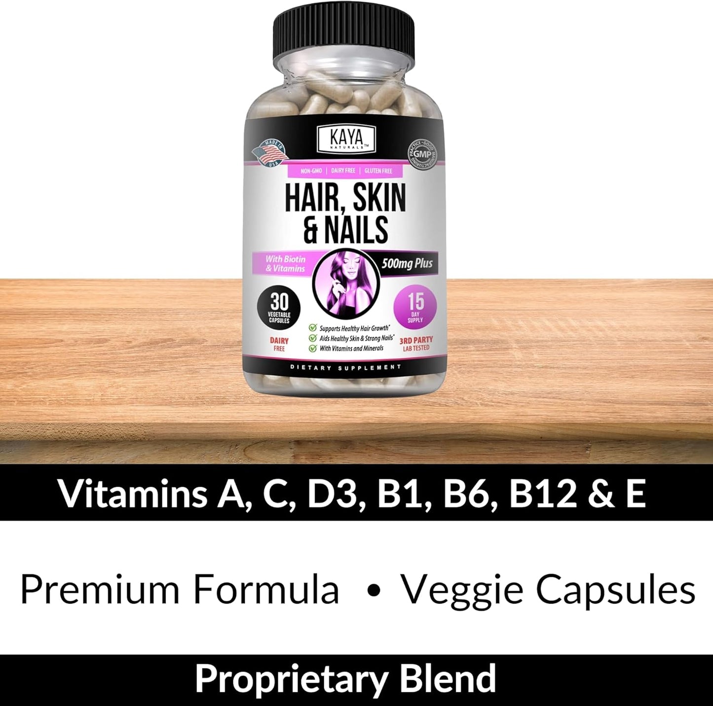 Hair Skin Nail Capsules with Biotin, Vitamin D, B-12, Folic Acid | Hair & Skin Vitamins - 30 Count Supplement