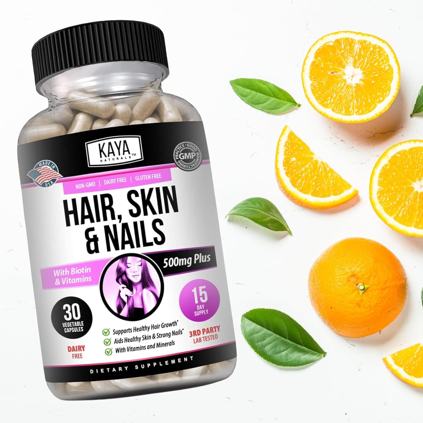 Hair Skin Nail Capsules with Biotin, Vitamin D, B-12, Folic Acid | Hair & Skin Vitamins - 30 Count Supplement