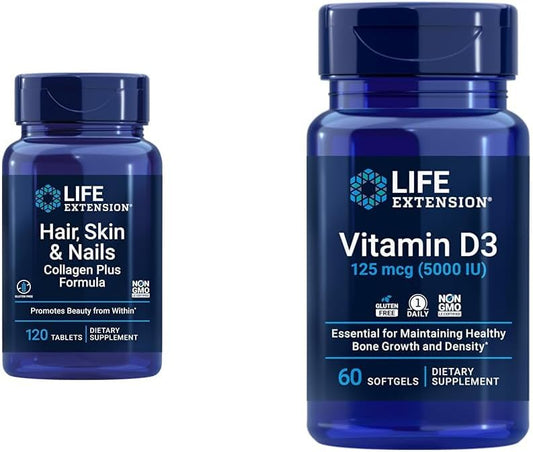 Hair, Skin & Nails Collagen Plus Formula with Vitamin D3 5000 IU - Supports Overall Health - 120 Count & 60 Softgels
