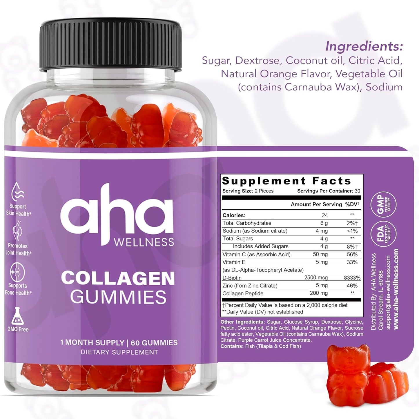 Hair, Skin, & Nails Collagen Support Gummies - 200mg Collagen Peptides with Vitamins C, E, & Zinc - Non-GMO - 30 Servings