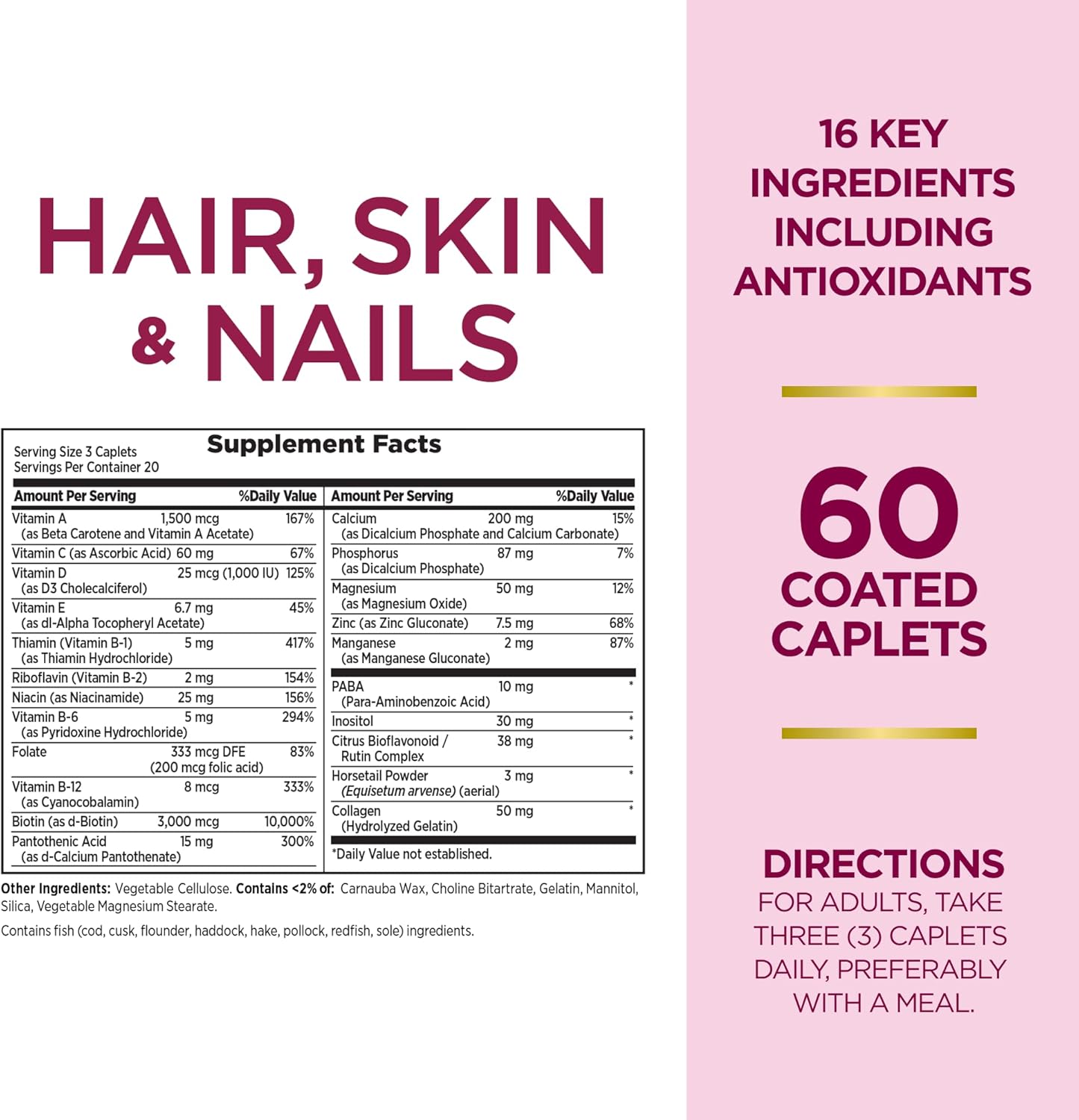 Hair, Skin & Nails Formula with 3,000 mcg Biotin - 60 Coated Caplets by Nature's Bounty Optimal Solutions