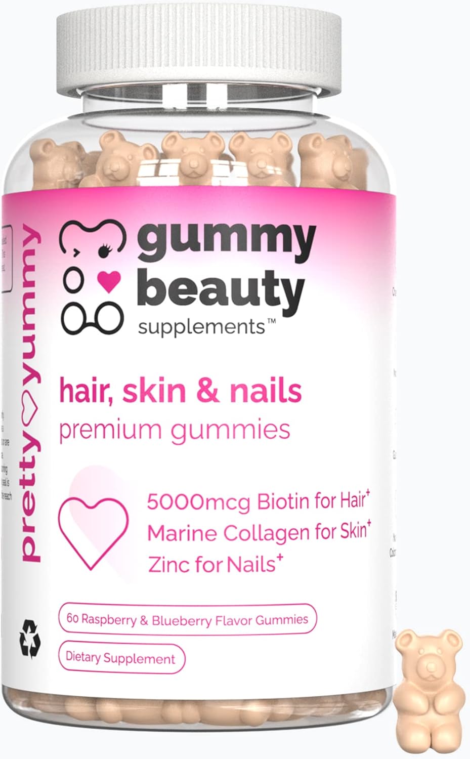 Hair, Skin & Nails Gummies with Biotin, Marine Collagen, & Vitamins | Gluten-Free, Non-GMO | Raspberry & Blueberry | 60 Count