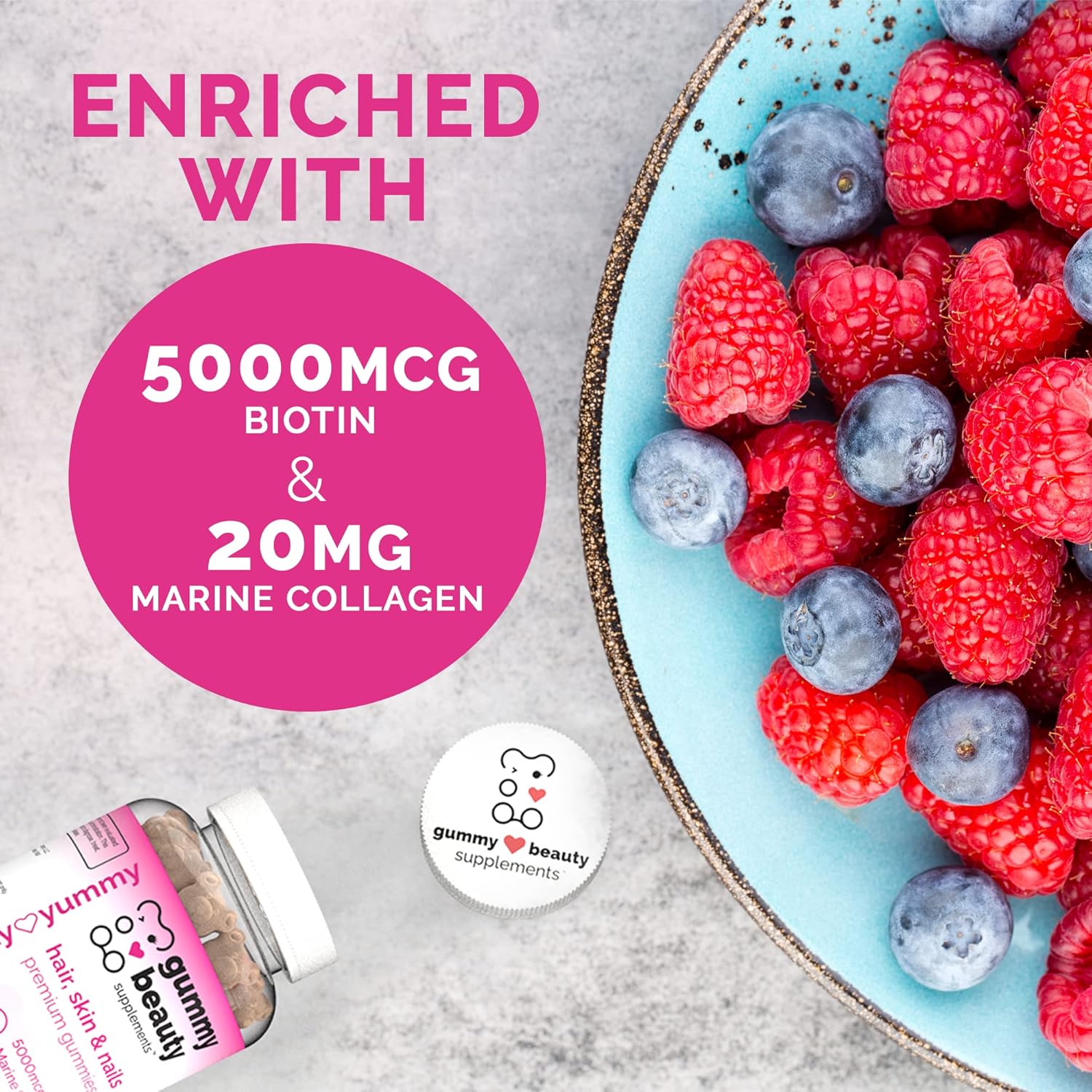 Hair, Skin & Nails Gummies with Biotin, Marine Collagen, & Vitamins | Gluten-Free, Non-GMO | Raspberry & Blueberry | 60 Count