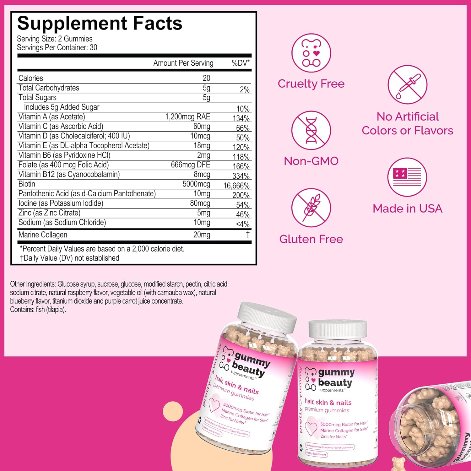 Hair, Skin & Nails Gummies with Biotin, Marine Collagen, & Vitamins | Gluten-Free, Non-GMO | Raspberry & Blueberry | 60 Count