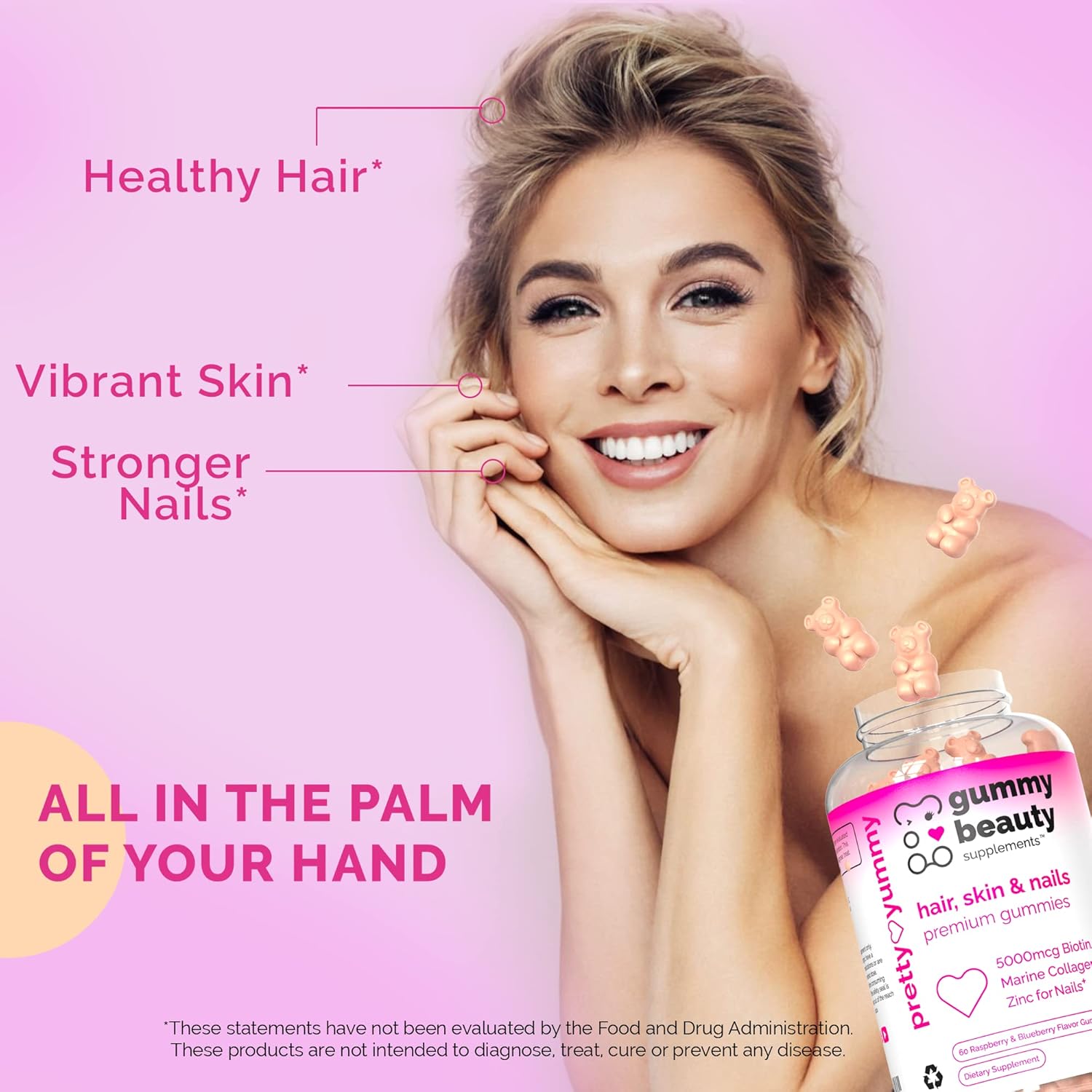 Hair, Skin & Nails Gummies with Biotin, Marine Collagen, & Vitamins | Gluten-Free, Non-GMO | Raspberry & Blueberry | 60 Count