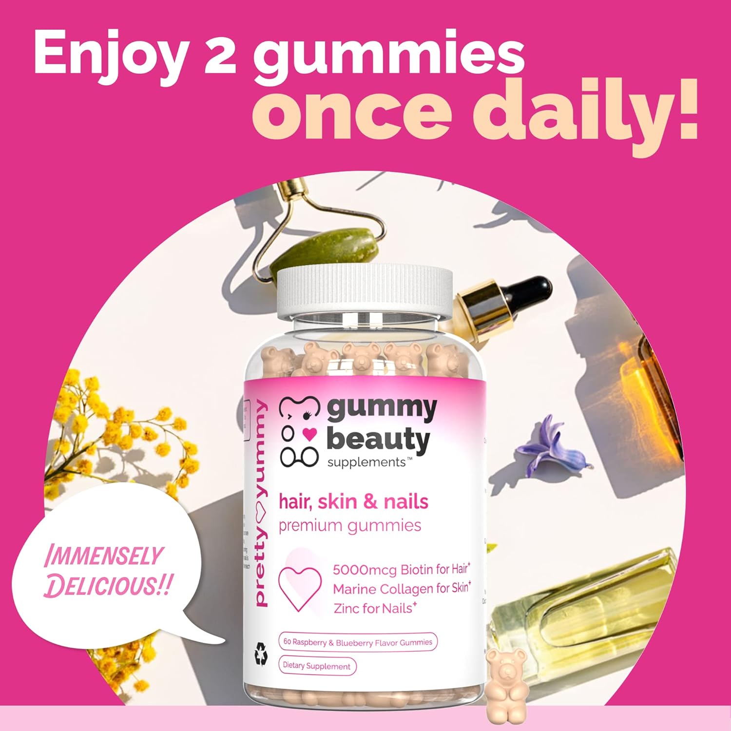 Hair, Skin & Nails Gummies with Biotin, Marine Collagen, & Vitamins | Gluten-Free, Non-GMO | Raspberry & Blueberry | 60 Count