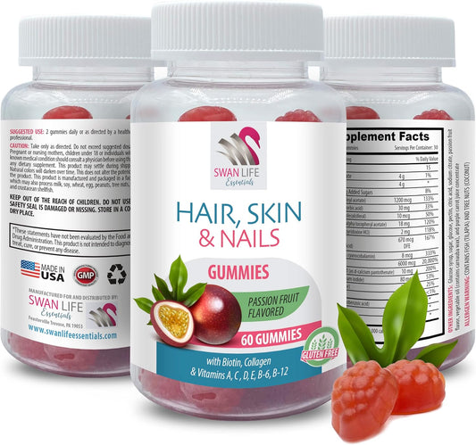 Hair, Skin & Nails Gummies with Biotin, Vitamins A-E, Collagen, and Passion Fruit - 60 Gummies