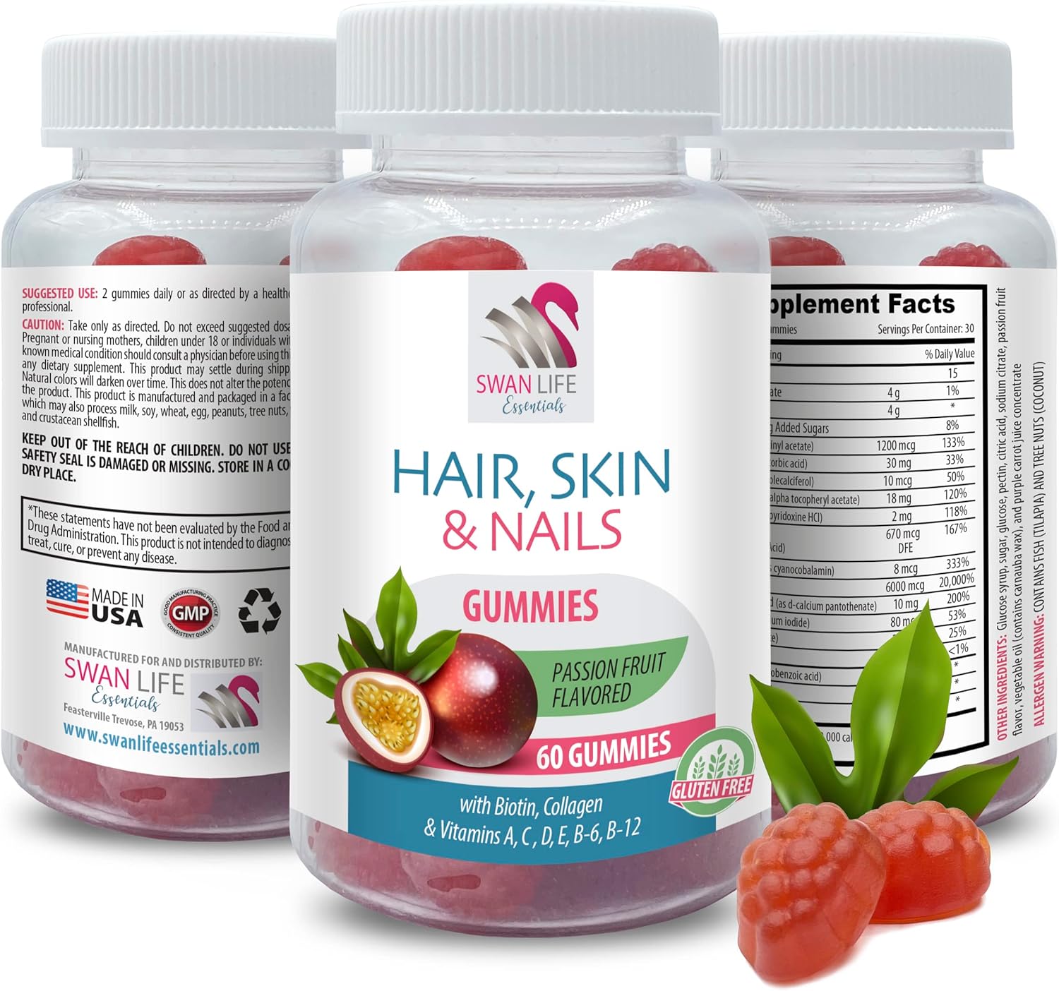 Hair, Skin & Nails Gummies with Biotin, Vitamins A-E, Collagen, and Passion Fruit - 60 Gummies