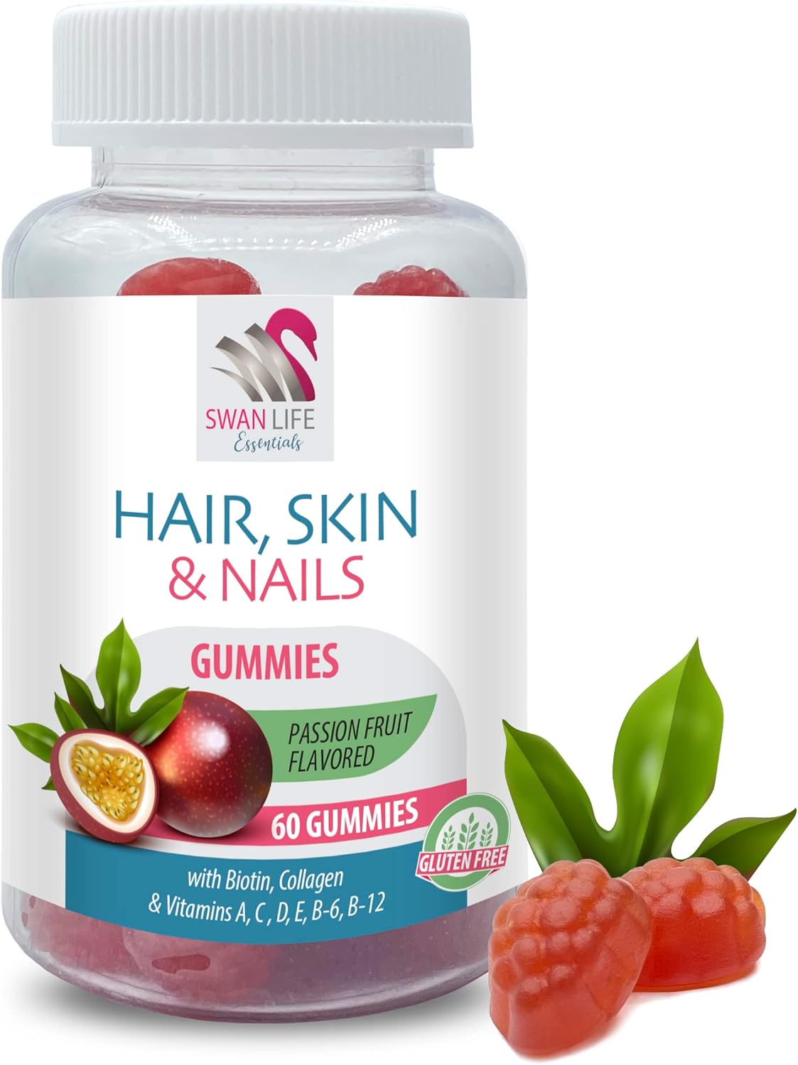 Hair, Skin & Nails Gummies with Biotin, Vitamins A-E, Collagen, and Passion Fruit - 60 Gummies