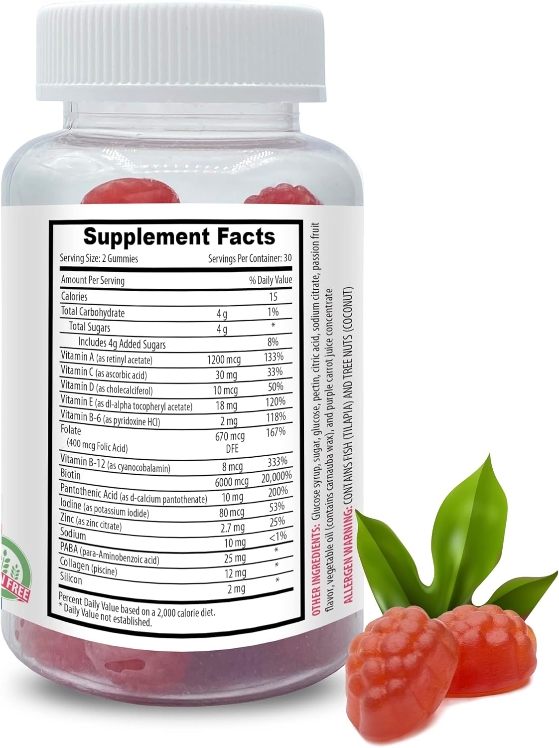 Hair, Skin & Nails Gummies with Biotin, Vitamins A-E, Collagen, and Passion Fruit - 60 Gummies