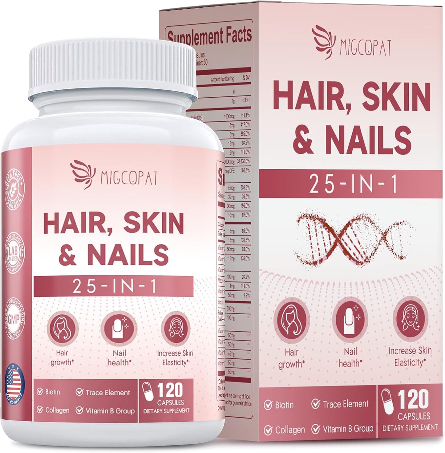 Hair, Skin & Nails Supplement with Biotin, Collagen, Vitamins - 25-in-1 Formula for Men & Women - 120 Capsules