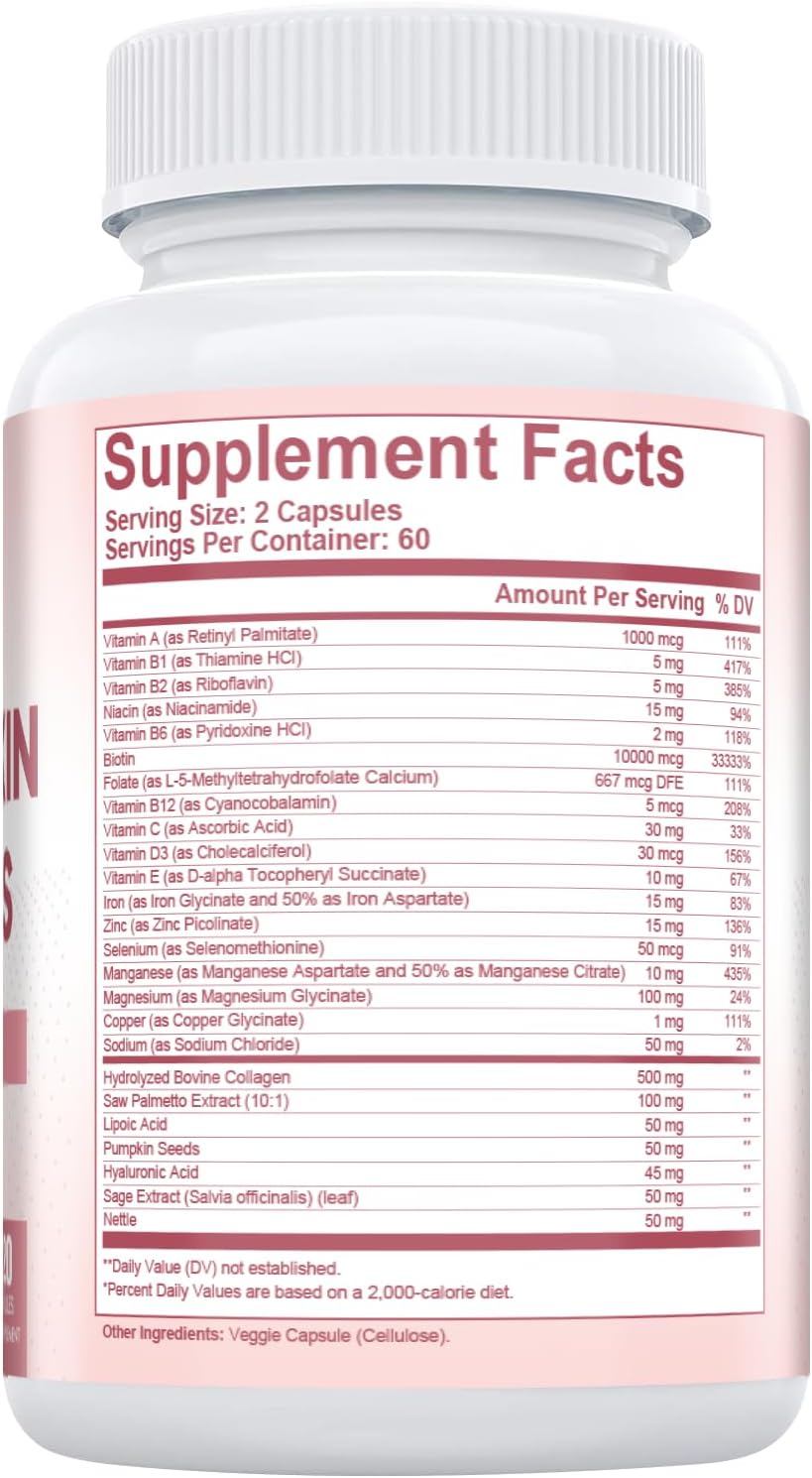 Hair, Skin & Nails Supplement with Biotin, Collagen, Vitamins - 25-in-1 Formula for Men & Women - 120 Capsules