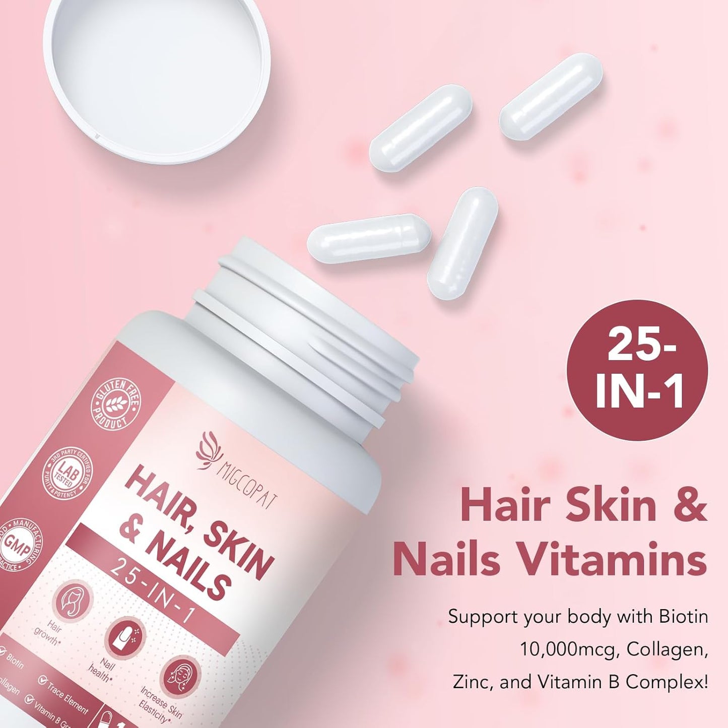 Hair, Skin & Nails Supplement with Biotin, Collagen, Vitamins - 25-in-1 Formula for Men & Women - 120 Capsules