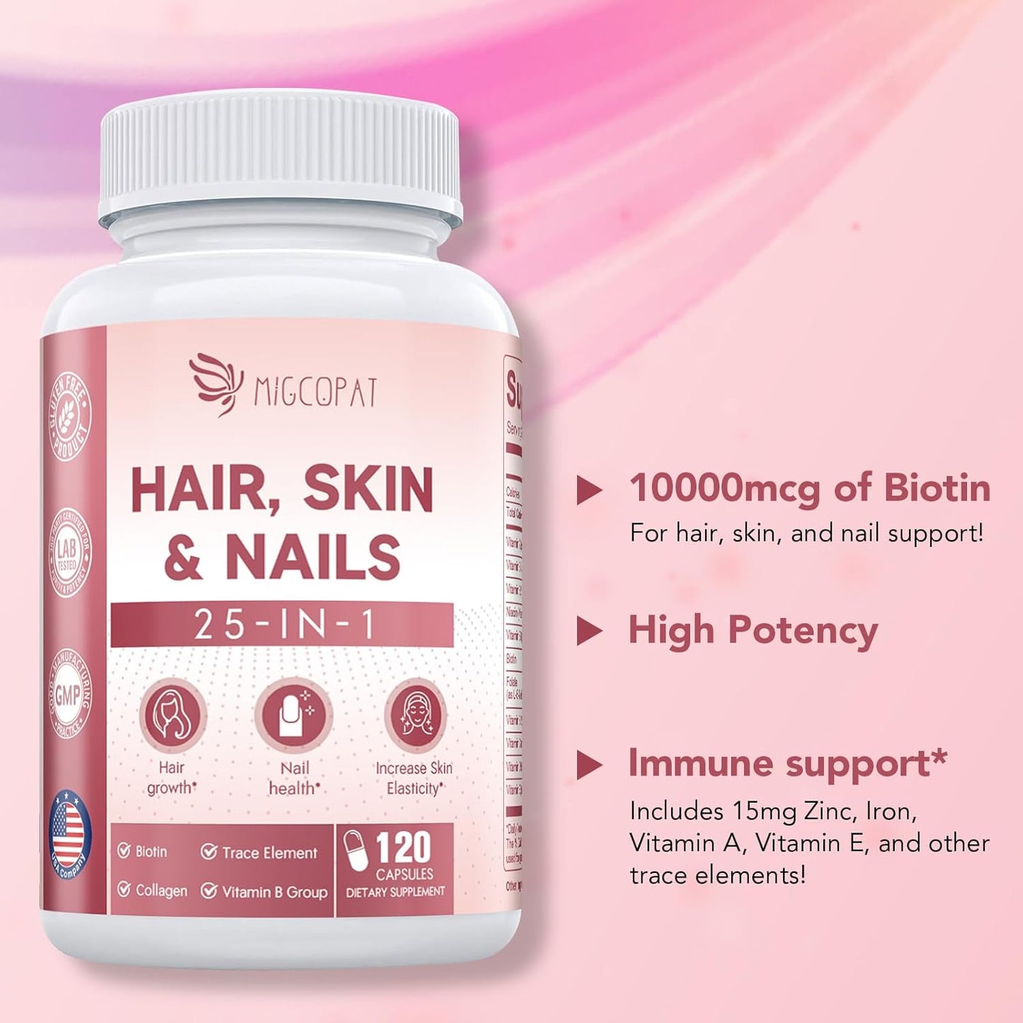Hair, Skin & Nails Supplement with Biotin, Collagen, Vitamins - 25-in-1 Formula for Men & Women - 120 Capsules