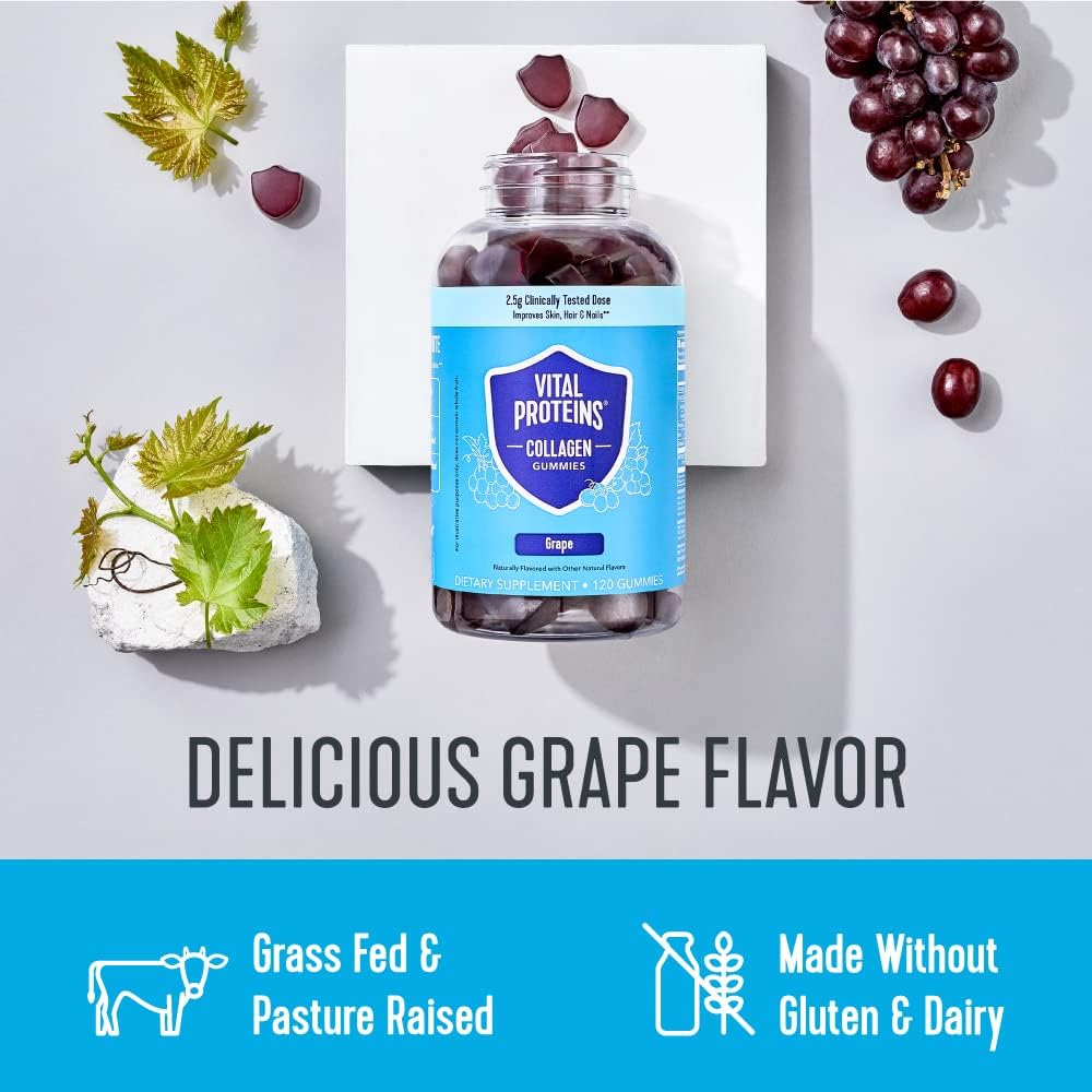 Hair, Skin, Nails & Wrinkles Support Collagen Gummies - 2.5g Clinically-Tested Collagen, 120 ct, 30-Day Supply - Grape Flavor