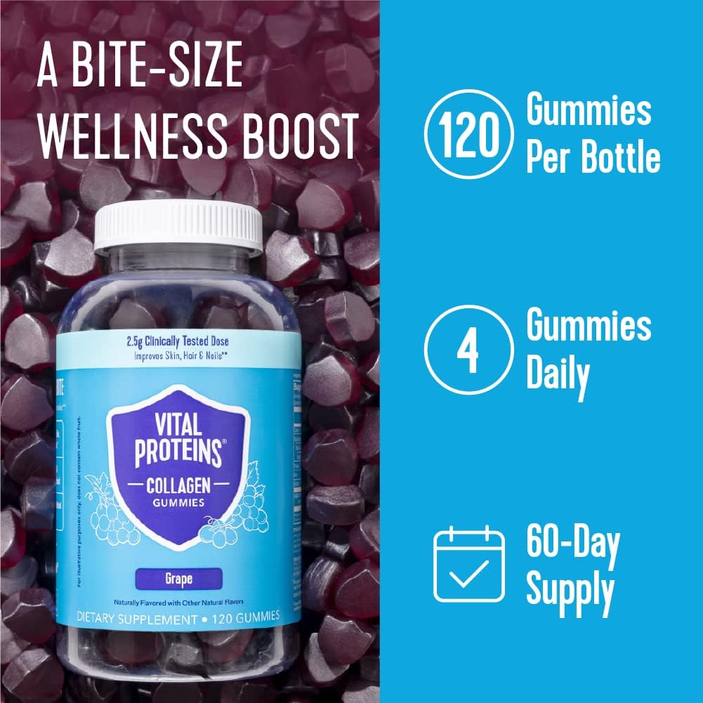 Hair, Skin, Nails & Wrinkles Support Collagen Gummies - 2.5g Clinically-Tested Collagen, 120 ct, 30-Day Supply - Grape Flavor