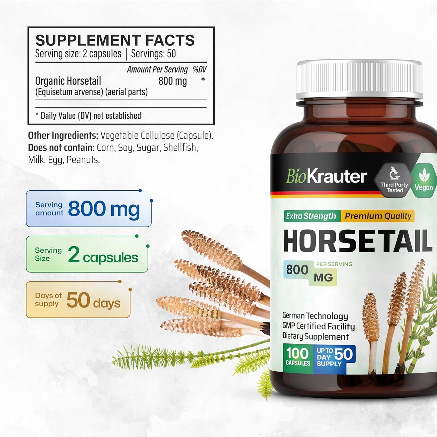 Hair Support Horsetail Herb Capsules - 800mg Strength - 100 Count - Natural Horsetail Powder Supplement - BoostGo Australia