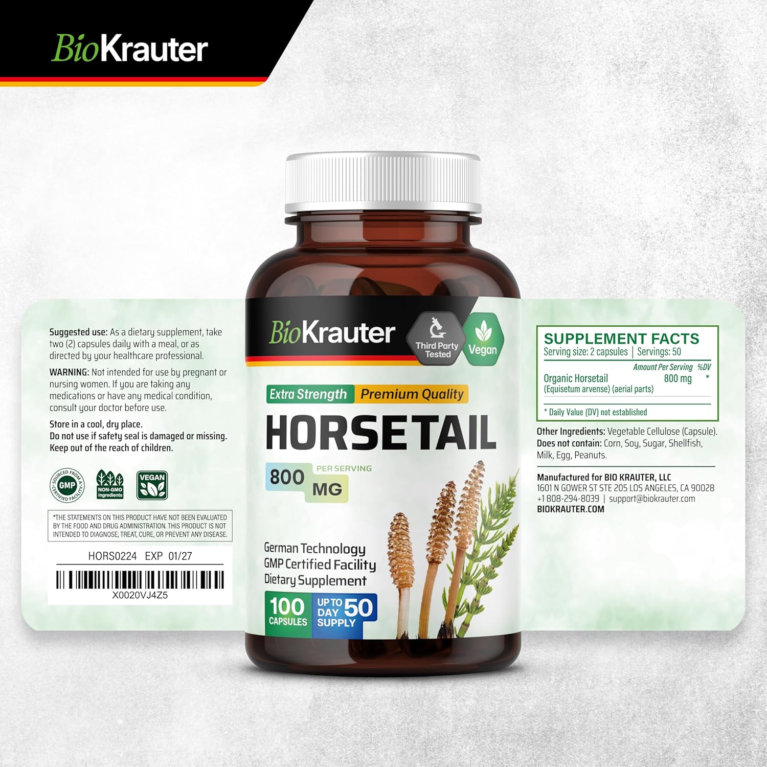Hair Support Horsetail Herb Capsules - 800mg Strength - 100 Count - Natural Horsetail Powder Supplement - BoostGo Australia