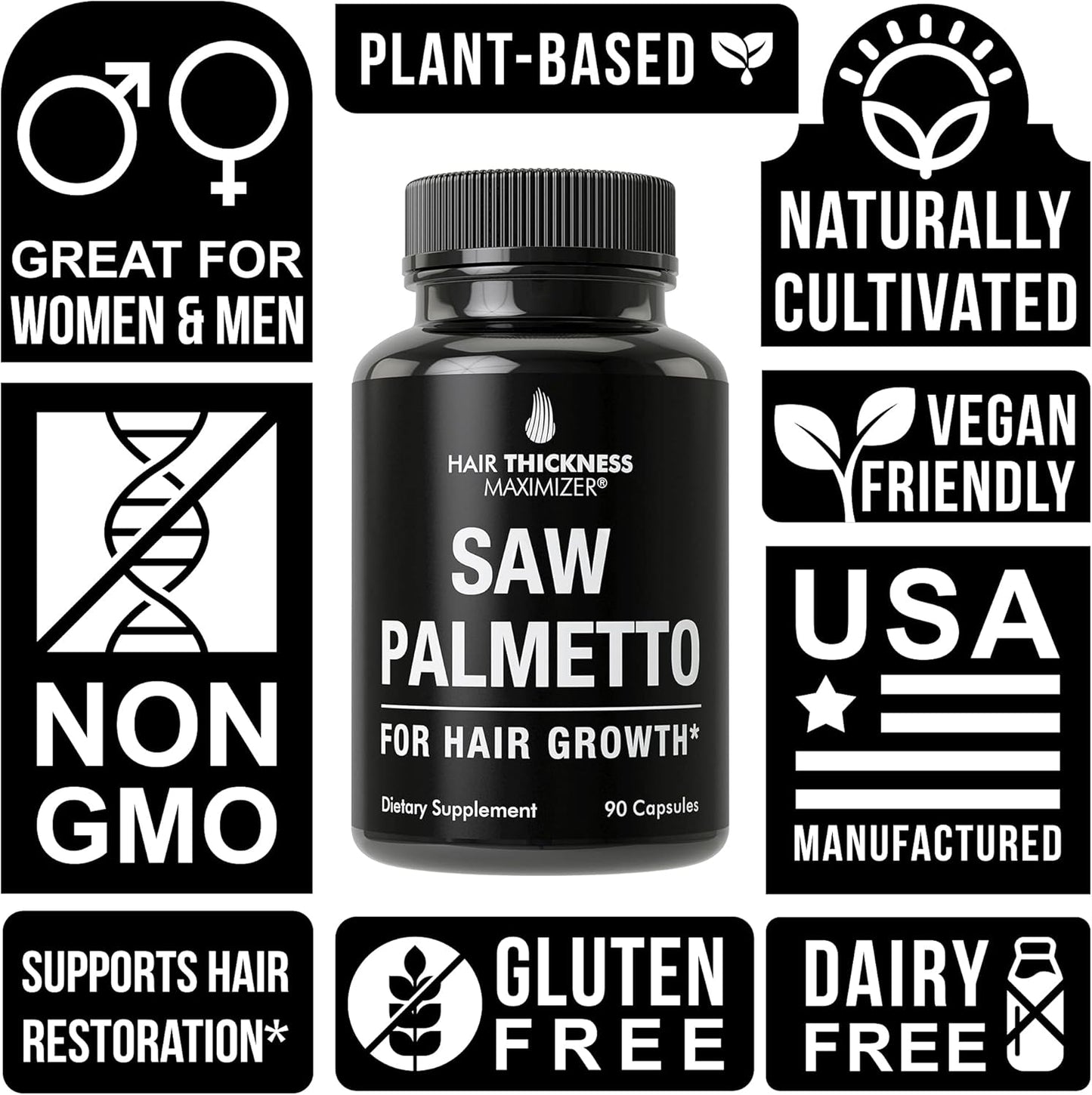 Hair Thickness Maximizer Saw Palmetto Capsules for Thicker Hair Growth & Less Shedding - DHT Blocker Supplement for Women & Men - 1200mg Serving Size