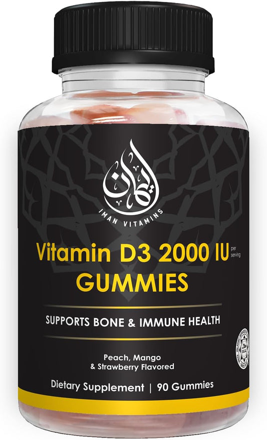 Halal Adult Vitamin D3 Gummies | 1000-2000IU | Bone, Immunity, Heart Health Support | Vegetarian, Non-GMO, Gluten-Free | 45-90 Servings