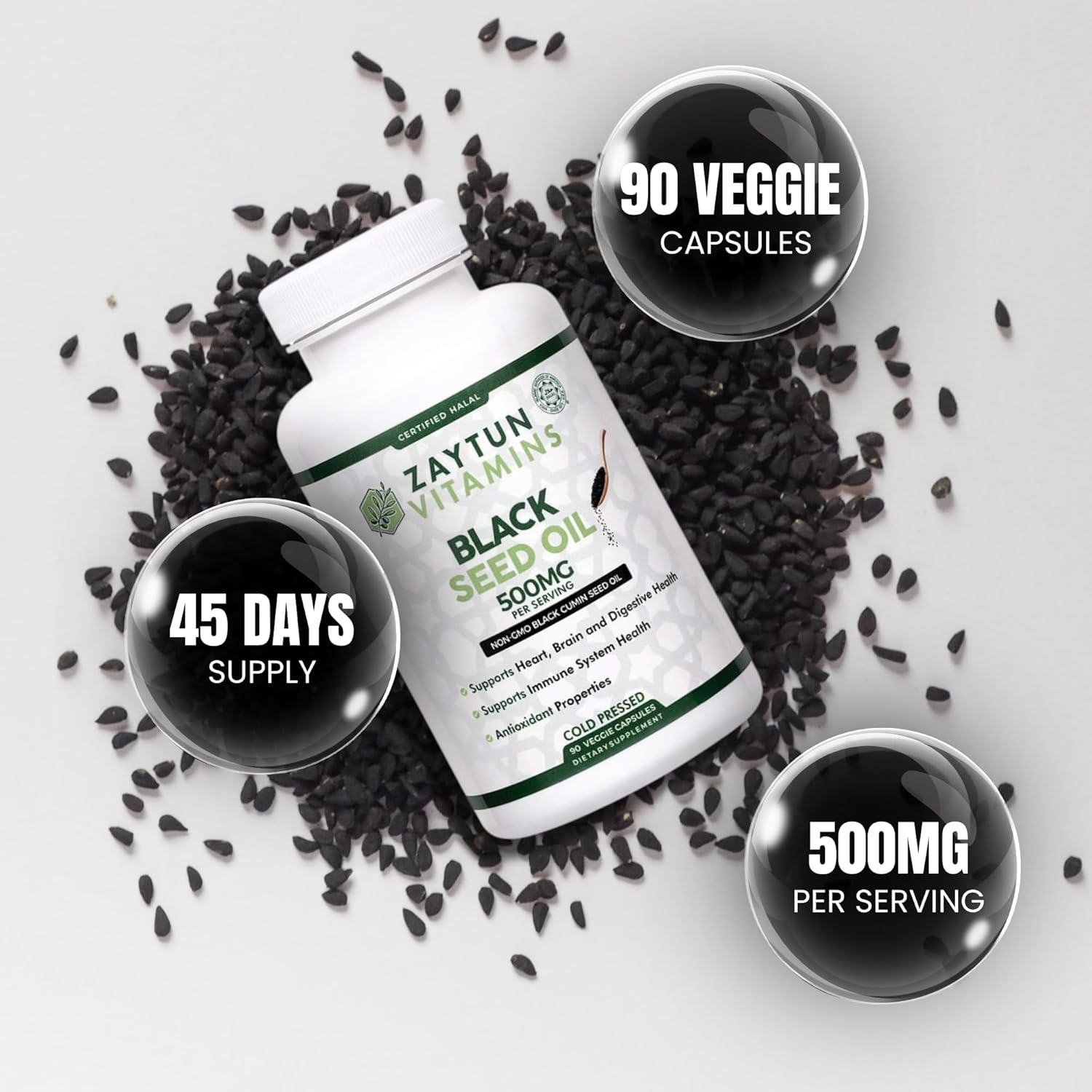 Halal Black Seed Oil Capsules for Heart, Brain, and Immune Health - Non-GMO, Cold-Pressed, Made in USA - Zaytun Vitamins