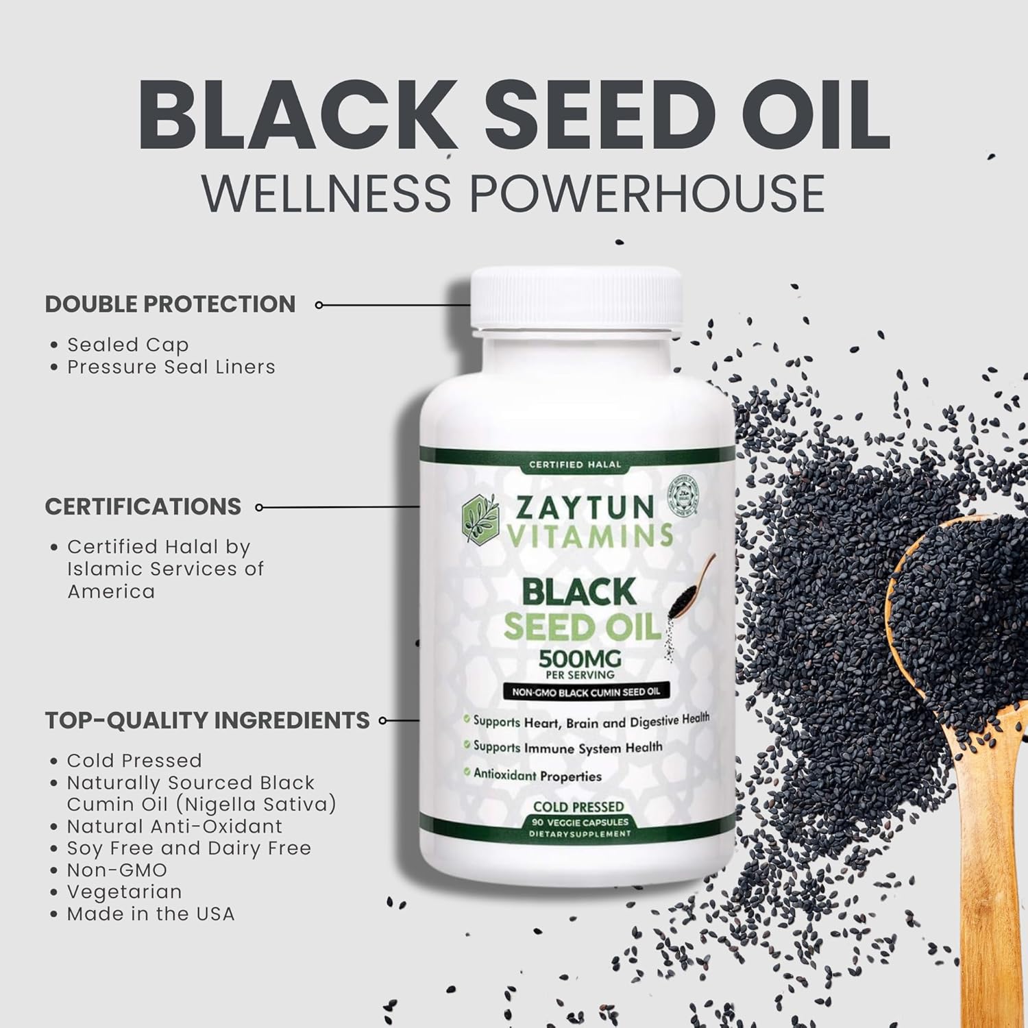 Halal Black Seed Oil Capsules for Heart, Brain, and Immune Health - Non-GMO, Cold-Pressed, Made in USA - Zaytun Vitamins