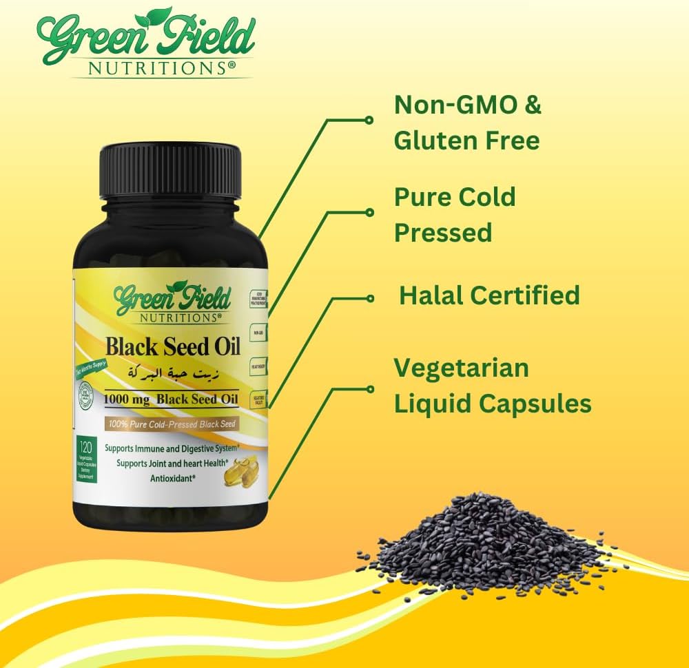 Halal Black Seed Oil Capsules for Immune, Digestive, and Joint Health - 120 Liquid Veggies Capsules by Greenfield Nutritions