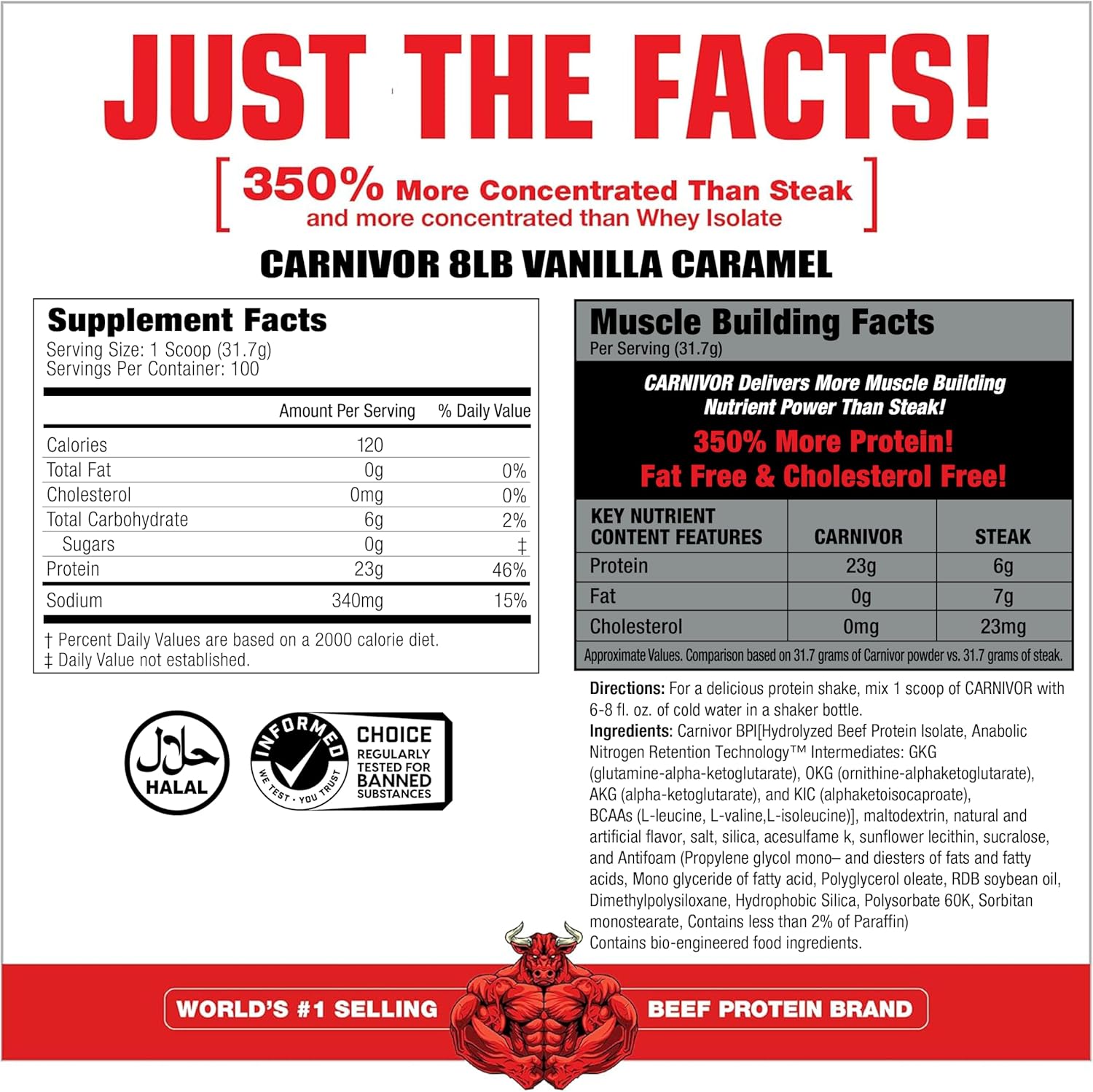 Halal Certified Vanilla Caramel Beef Protein Isolate, Zero Lactose, Sugar, Fat, and Cholesterol - 8 lb, 100 Servings