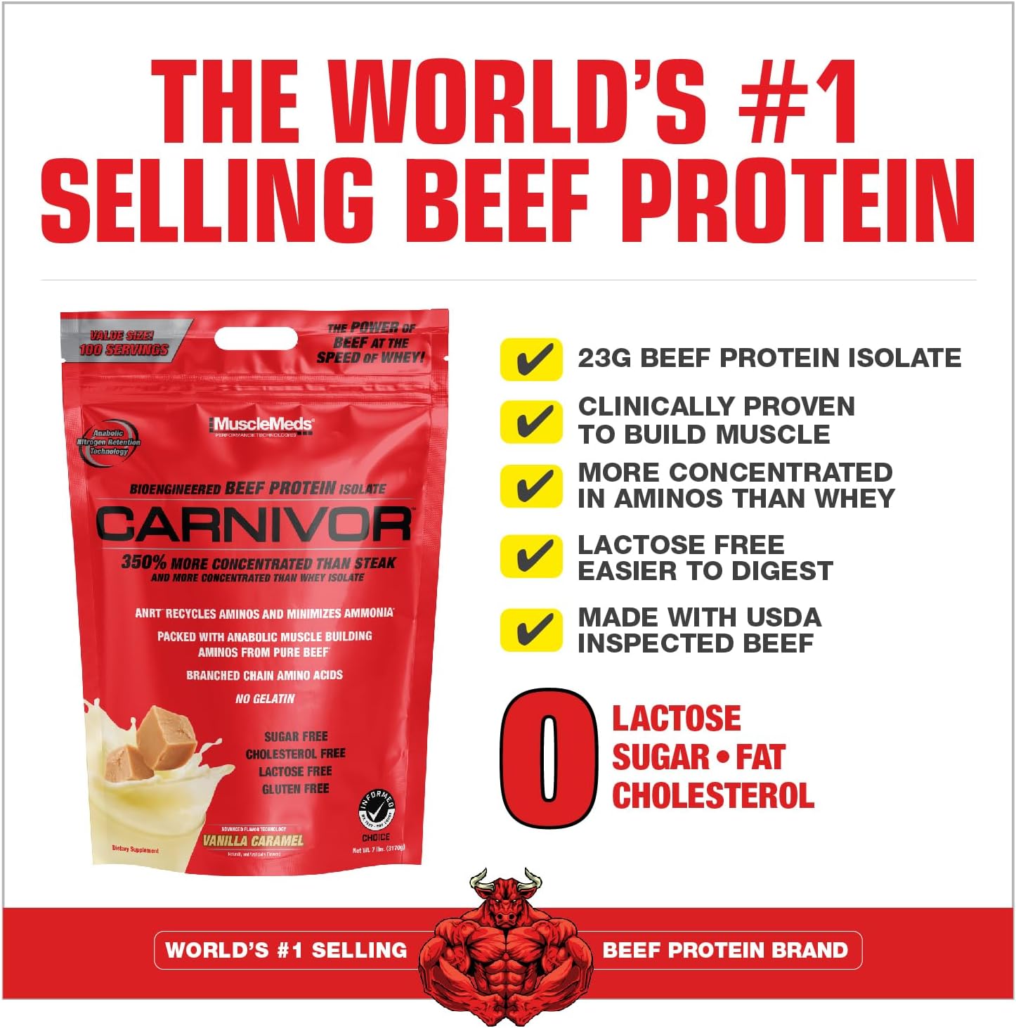 Halal Certified Vanilla Caramel Beef Protein Isolate, Zero Lactose, Sugar, Fat, and Cholesterol - 8 lb, 100 Servings