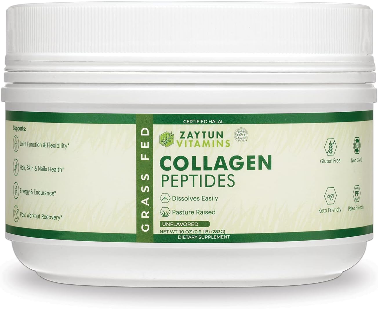 Halal Collagen Peptides Powder for Joints, Bones, Muscles, Hair, Skin & Nails - Keto Friendly - Grass-Fed - 10 oz - USA Made