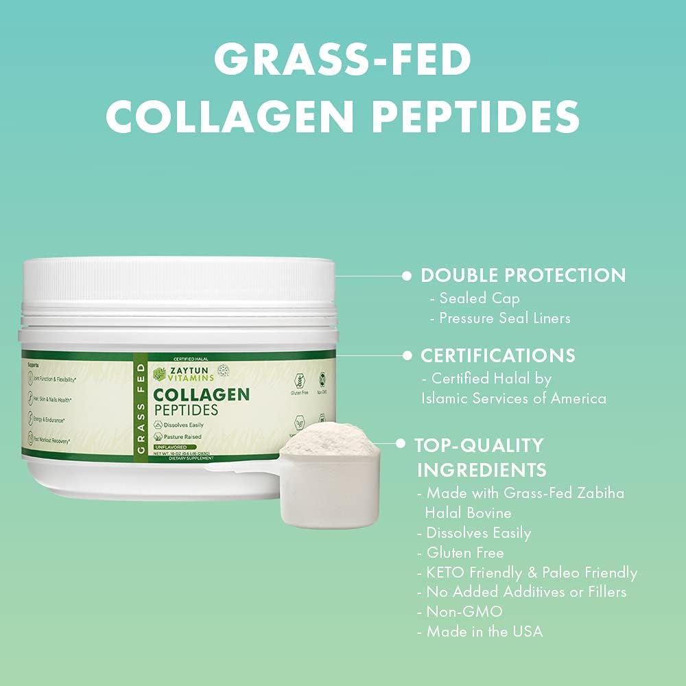Halal Collagen Peptides Powder for Joints, Bones, Muscles, Hair, Skin & Nails - Keto Friendly - Grass-Fed - 10 oz - USA Made