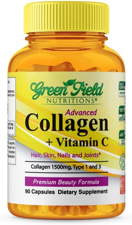 Halal Collagen Peptides with Vitamin C 1500mg - Anti-Aging Formula for Hair, Skin, Nails, and Joints - 90 Capsules by Greenfield Nutritions