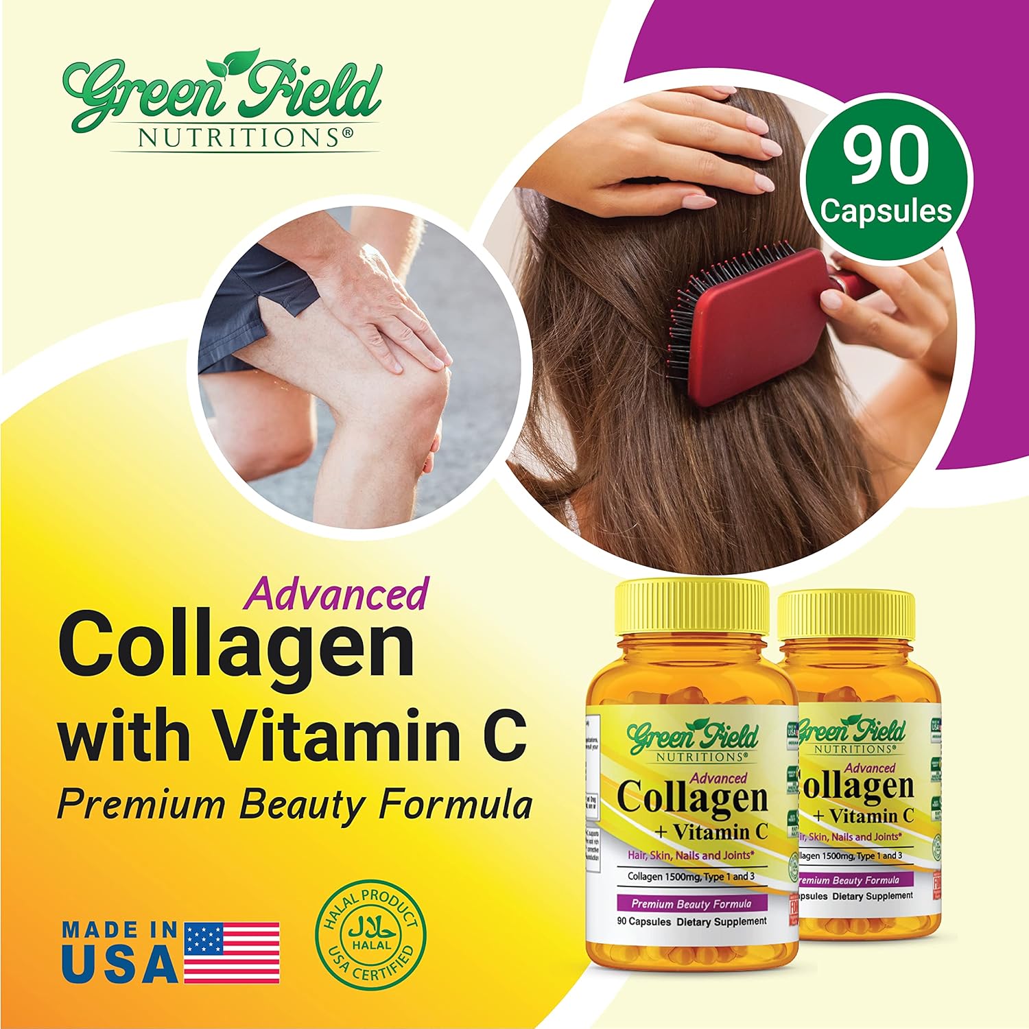 Halal Collagen Peptides with Vitamin C 1500mg - Anti-Aging Formula for Hair, Skin, Nails, and Joints - 90 Capsules by Greenfield Nutritions