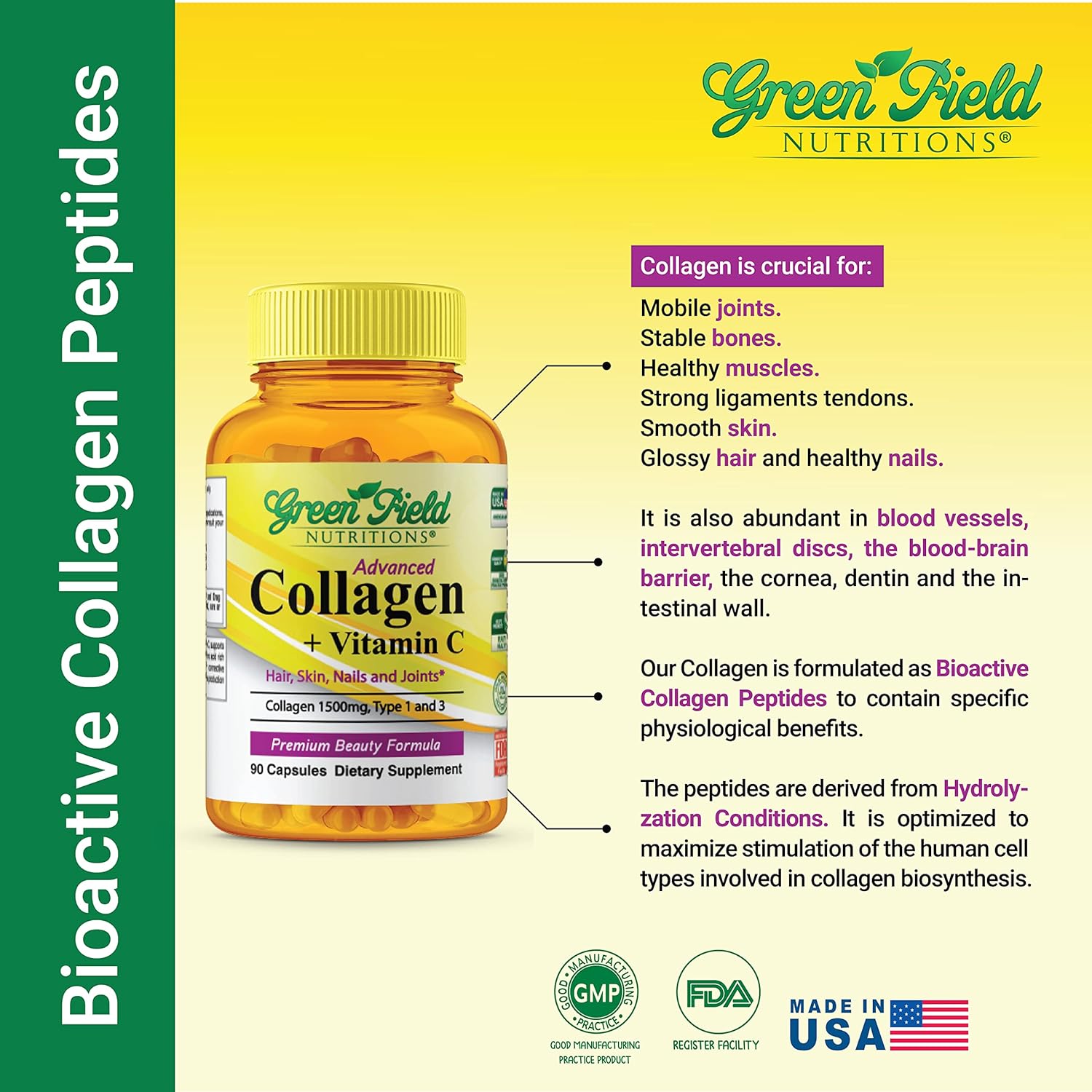 Halal Collagen Peptides with Vitamin C 1500mg - Anti-Aging Formula for Hair, Skin, Nails, and Joints - 90 Capsules by Greenfield Nutritions